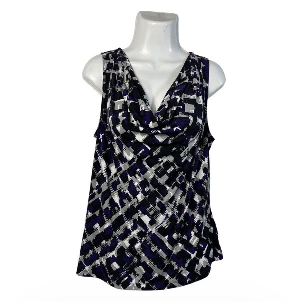 Calvin Klein Cowl Neck Top XL Purple Black Print Sleeveless Shell Drape Blouse